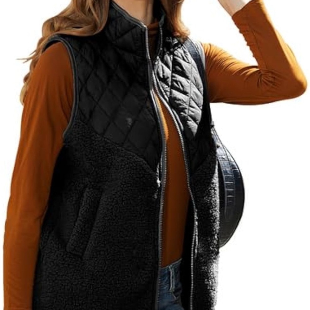 VIPWEST Women's Fuzzy Fleece Sherpa Vest Stand Collar Sleeveless Outerwear L - Picture 3 of 9